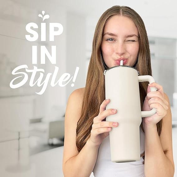 HUPLA Stainless Steel Insulated Travel Tumbler with Handle, Lid & Straw | Double Wall Vacuum Water Bottle for Hot & Cold Drinks | Reusable Coffee Mug – Cream