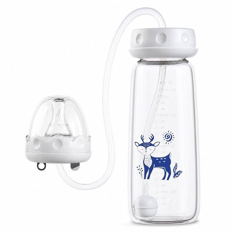 HUPLA 150ml Baby Feeding Bottle with Long Feeding Tube & Silicone-Style Nipple | Flexible Tube Milk Feeding Bottle with Deer Print for Infants – White & Blue