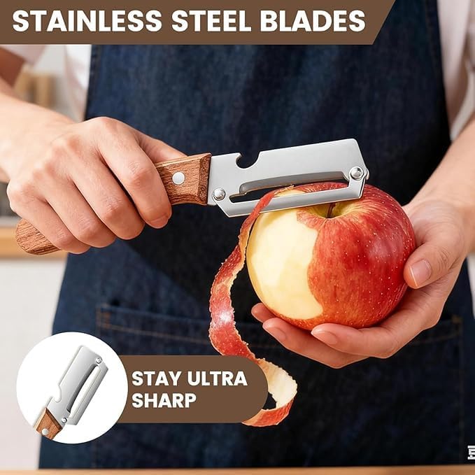 HUPLA Multifunction Stainless Steel Kitchen Knife with Wooden Handle | Manual Vegetable Peeler, Bottle Opener & Food Preparation Tool | Compact Kitchen Gadget
