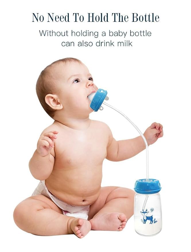 HUPLA 150ml Baby Feeding Bottle with Long Feeding Tube & Silicone-Style Nipple | Flexible Tube Milk Feeding Bottle with Deer Print for Infants – White & Blue