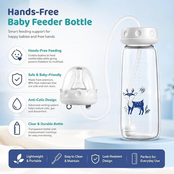 HUPLA 150ml Baby Feeding Bottle with Long Feeding Tube & Silicone-Style Nipple | Flexible Tube Milk Feeding Bottle with Deer Print for Infants – White & Blue