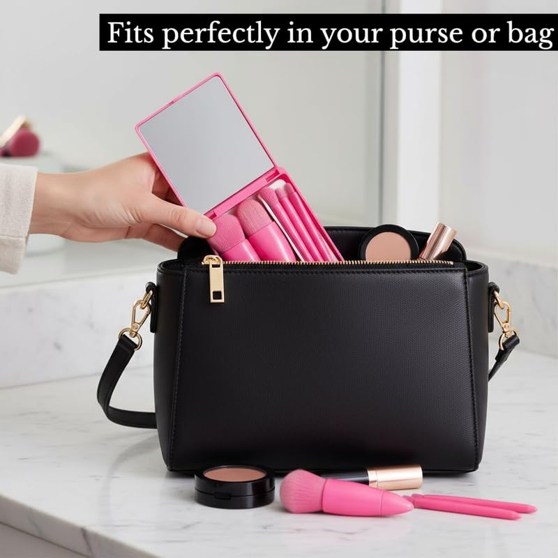 Portable Mini Makeup Brush Set with Mirror | Soft Cosmetic Brushes Kit for Foundation, Blush & Eye Makeup