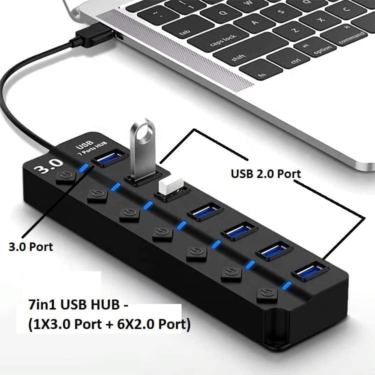 USB 3.0 7-Port Hub with Individual Power Switches & LED Indicators | High-Speed Data Transfer | Plug & Play USB Splitter for Laptop, PC, Mac, Gaming Console