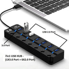 USB 3.0 7-Port Hub with Individual Power Switches & LED Indicators | High-Speed Data Transfer | Plug & Play USB Splitter for Laptop, PC, Mac, Gaming Console