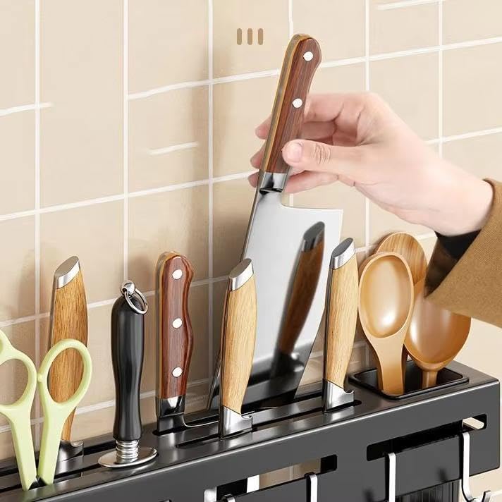 HUPLA Multifunctional Wall Mounted Kitchen Organizer Rack | Knife Holder, Utensil Storage, Hanging Hooks & Towel Bar | Space Saving Kitchen Storage Rack – Black
