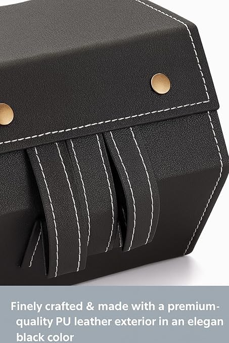 HUPLA 5-Slot Sunglasses Organizer Case | Foldable PU Leather Eyeglasses Storage Box with Soft Inner Lining, Snap Button Closure & Hanging Strap | Travel Glasses Holder – Black