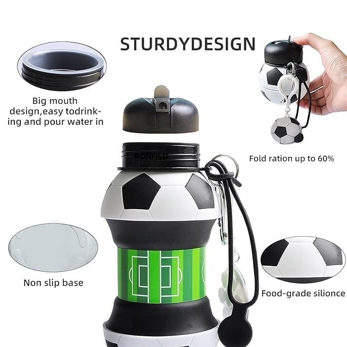HUPLA Football Design Collapsible Silicone Water Bottle for Kids | Foldable Sports Drinking Bottle with Sipper Spout & Carabiner Clip | Portable Water Bottle for School, Football, Travel & Outdoor Activities – Black, White & Green