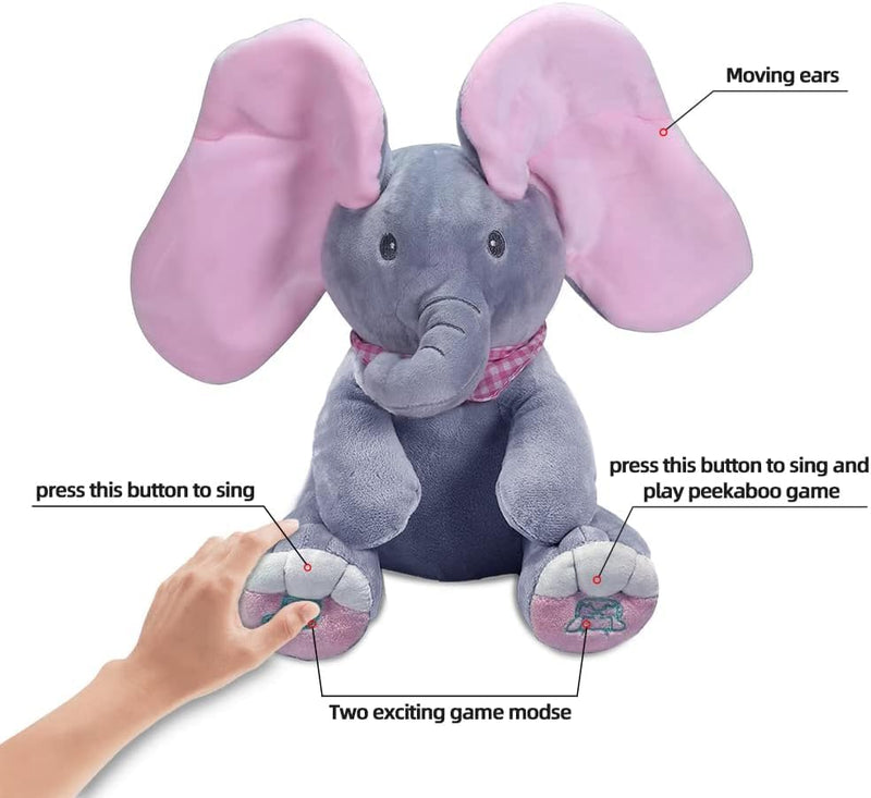 HUPLA Peek A Boo Elephant Soft Toy for Kids | Interactive Musical Plush Elephant with Moving Ears, Singing & Peekaboo Action | Battery Operated Baby Toy – Grey & Pink