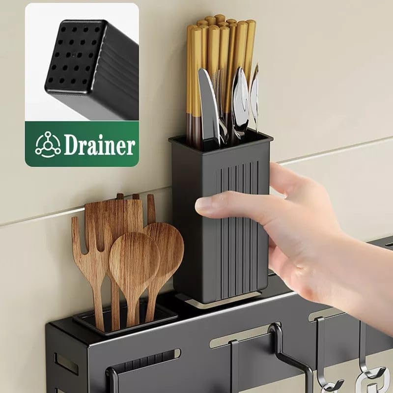 HUPLA Multifunctional Wall Mounted Kitchen Organizer Rack | Knife Holder, Utensil Storage, Hanging Hooks & Towel Bar | Space Saving Kitchen Storage Rack – Black