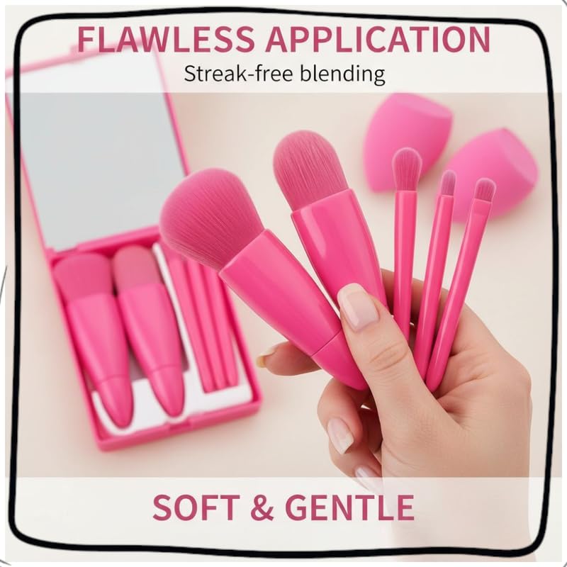 Portable Mini Makeup Brush Set with Mirror | Soft Cosmetic Brushes Kit for Foundation, Blush & Eye Makeup