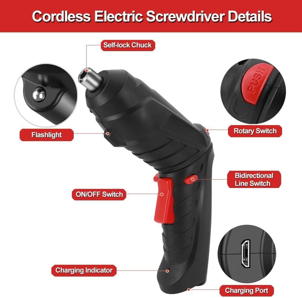 Cordless Electric Screwdriver Set | Rechargeable Portable Power Screwdriver with LED Light & USB Charging