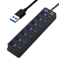 USB 3.0 7-Port Hub with Individual Power Switches & LED Indicators | High-Speed Data Transfer | Plug & Play USB Splitter for Laptop, PC, Mac, Gaming Console