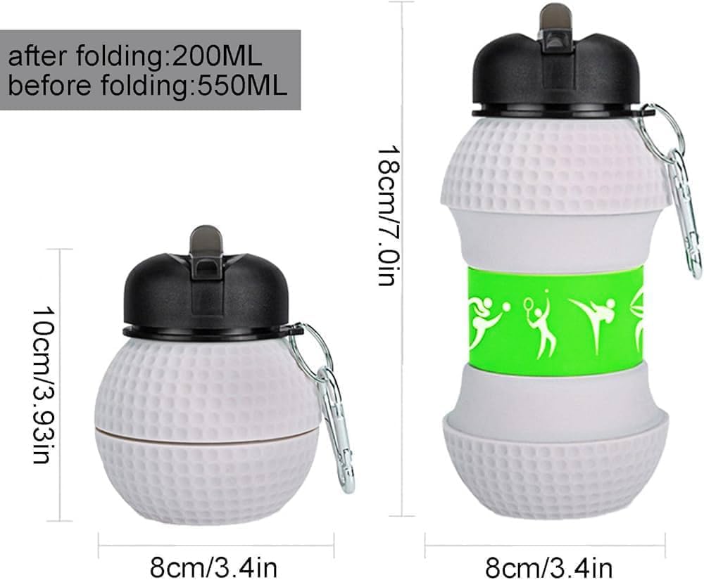 HUPLA Golf Ball Design Sports Water Bottle with Carabiner Clip | Portable Reusable Drinking Bottle with Textured Golf Ball Pattern for Golf, Gym, Travel & Outdoor Activities – White & Green