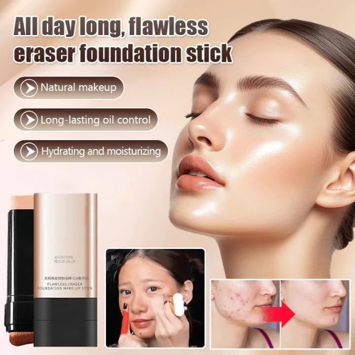Flawless Foundation Makeup Stick with Brush – 2-in-1 Cream Foundation Stick for Face Makeup & Easy Blending