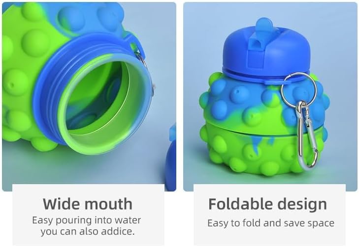 HUPLA Kids Collapsible Silicone Water Bottle with Straw & Carrying Clip | Foldable Reusable Drinking Bottle with 3D Bubble Design for School, Travel & Outdoor Activities – Green & Blue