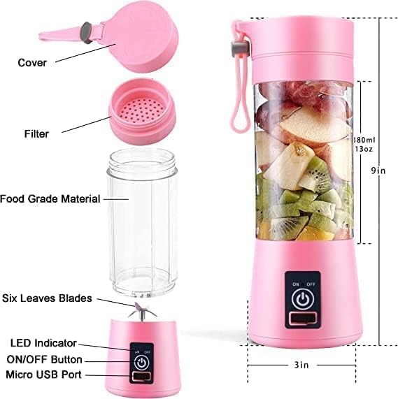 HUPLA Portable USB Rechargeable Juicer Blender 380ml | 6 Stainless Steel Blade Mini Fruit Blender with 1200mAh Battery for Smoothies, Shakes & Juices