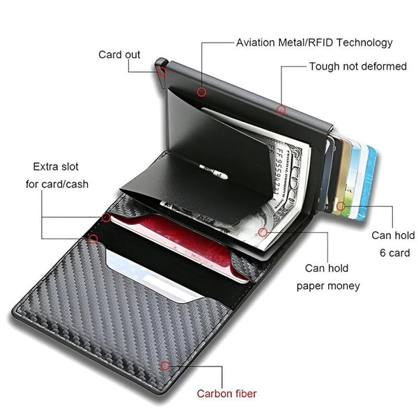 HUPLA Automatic Pop-Up Card Holder for Men | Slim RFID-Style Card Wallet with Push Button | Black Carbon Fibre Pattern Card Case