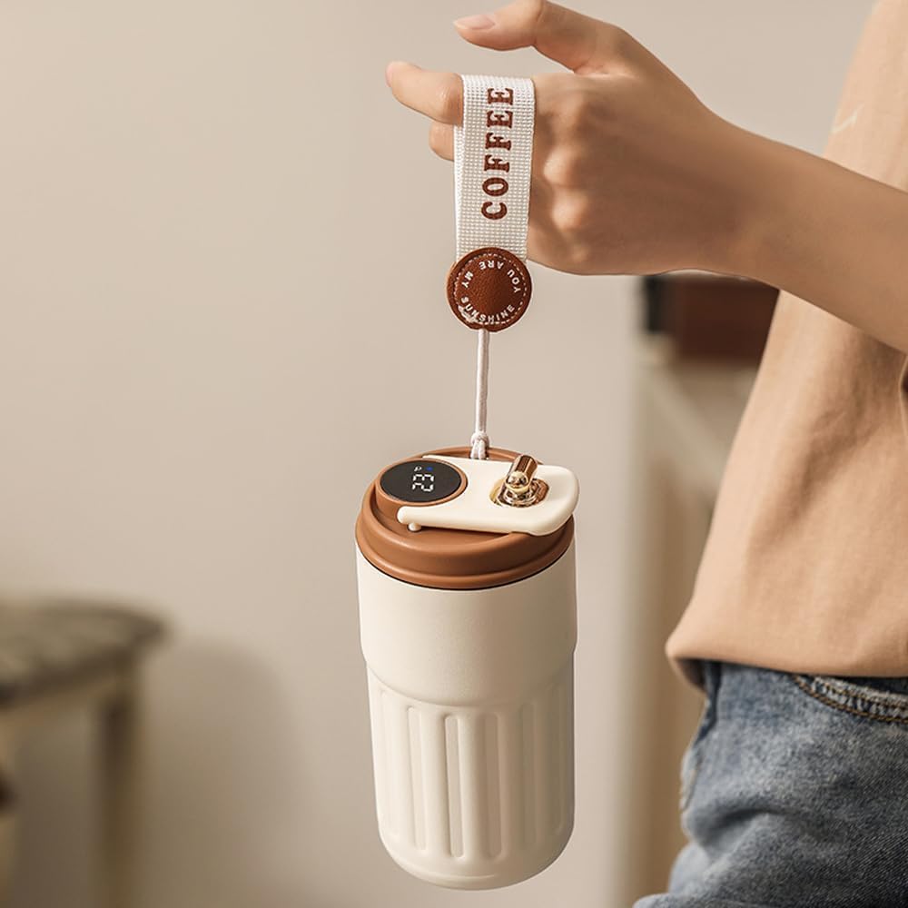 HUPLA Stainless Steel Insulated Coffee Cup with Lid | Portable Hot & Cold Travel Coffee Mug with Carry Strap | Reusable Coffee Tumbler for Office, Home & Travel – White & Brown