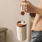 HUPLA Stainless Steel Insulated Coffee Cup with Lid | Portable Hot & Cold Travel Coffee Mug with Carry Strap | Reusable Coffee Tumbler for Office, Home & Travel – White & Brown