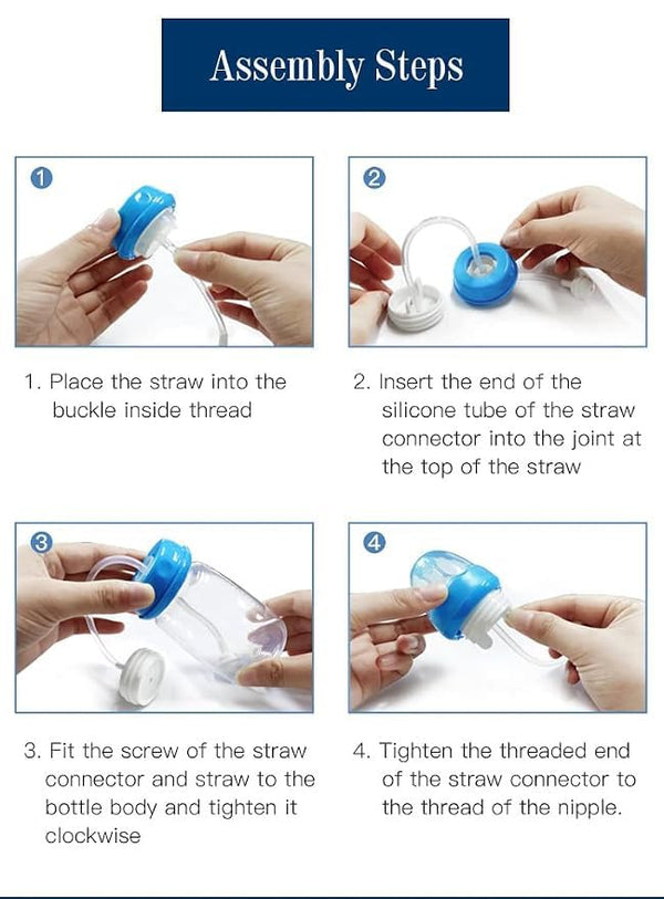 HUPLA 150ml Baby Feeding Bottle with Long Feeding Tube & Silicone-Style Nipple | Flexible Tube Milk Feeding Bottle with Deer Print for Infants – White & Blue
