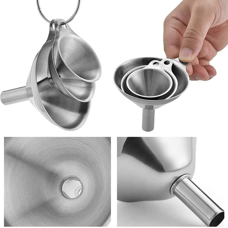 HUPLA Stainless Steel Kitchen Funnel Set | 3 Different Size Metal Funnels with Cleaning Brushes & Filter Strainer | Multipurpose Oil, Liquid & Dry Ingredient Transfer Funnels