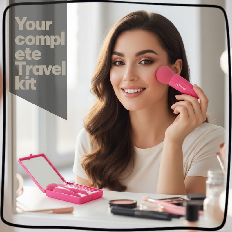 Portable Mini Makeup Brush Set with Mirror | Soft Cosmetic Brushes Kit for Foundation, Blush & Eye Makeup