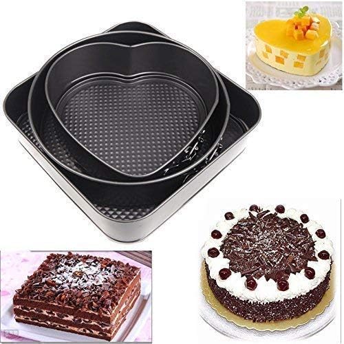 3-Piece Non-Stick Springform Cake Mould Set – Heart, Round & Square Baking Pans for Cakes, Cheesecakes & Desserts