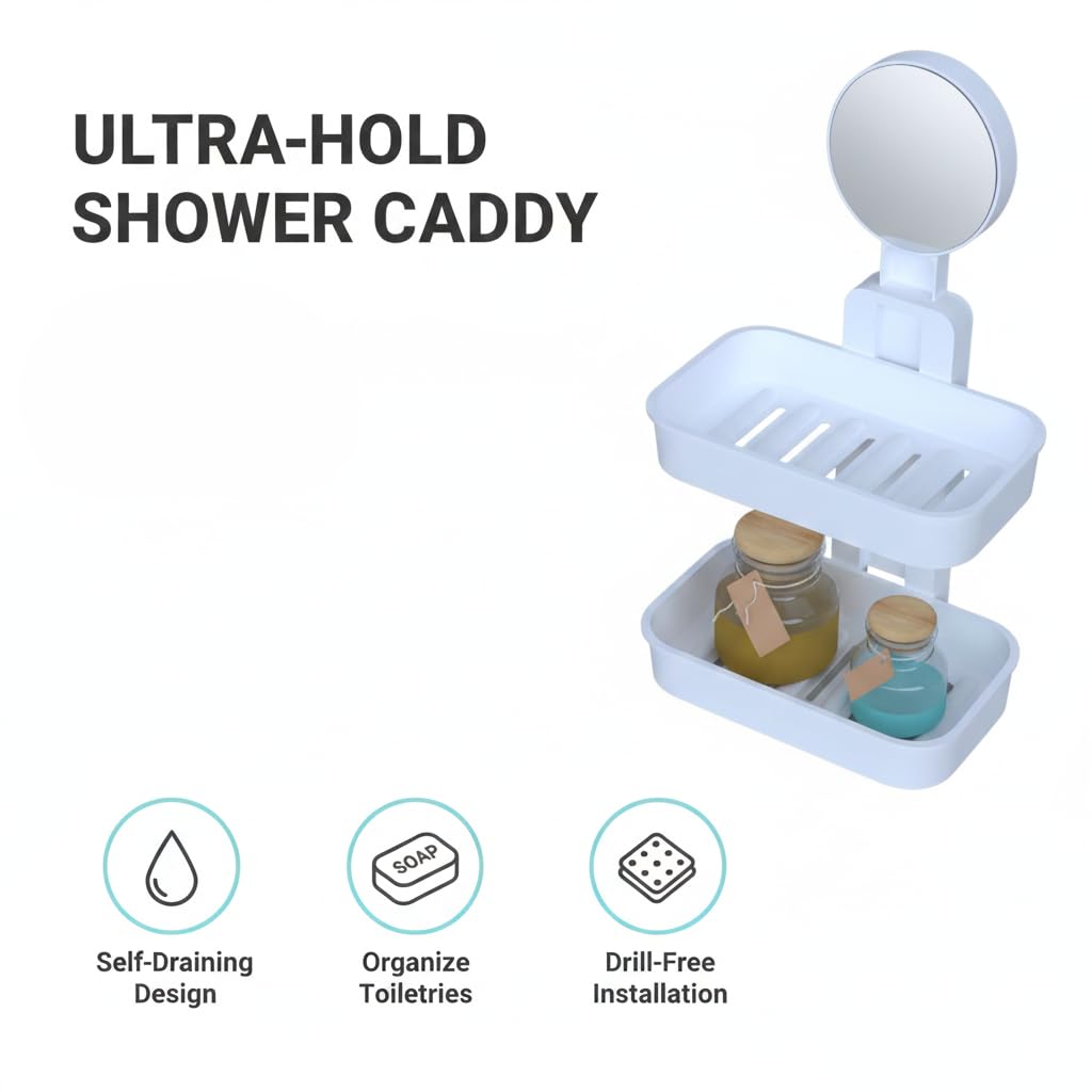 HUPLA 2-Tier Bathroom Storage Shelf with Round Wall Mount | Wall Mounted Soap Holder & Shower Organizer with Drainage Slots | Space Saving Bathroom Accessories Rack – White