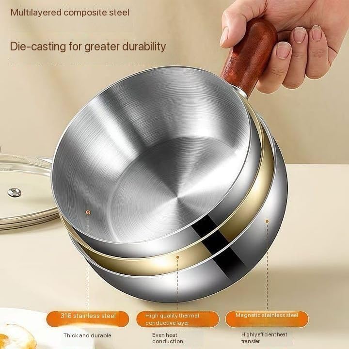 HUPLA Stainless Steel Mini Frying Pan with Wooden Handle | Deep Round Cooking Pan for Frying, Sautéing & Small Portion Cooking | Compact Kitchen Cookware – Silver