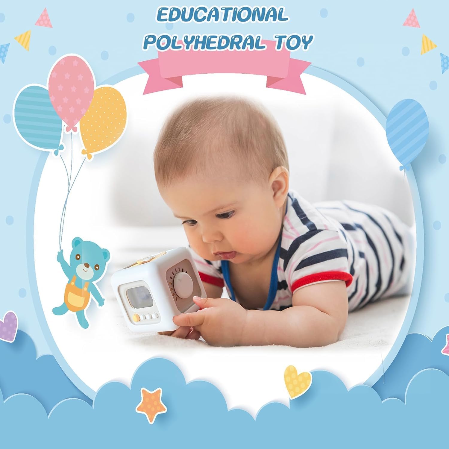 6 in 1 Montessori toy showing spin, slide, rotate and switch functions