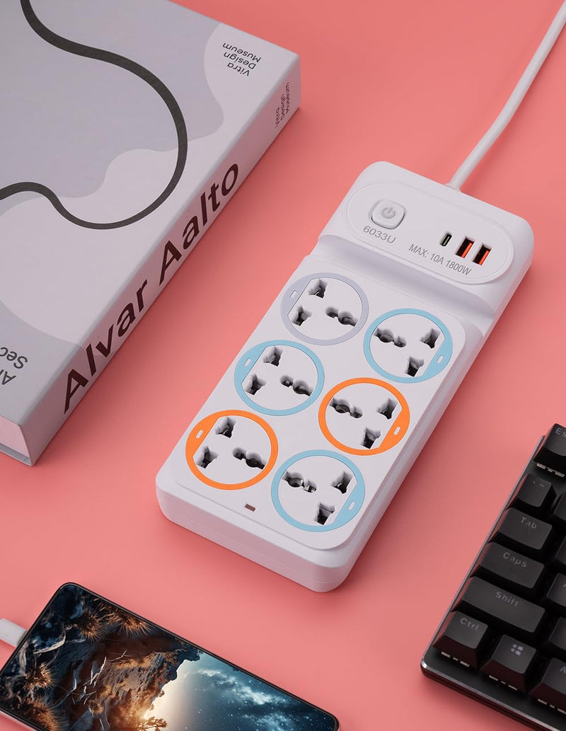 6 Socket Extension Board with USB Ports | 10A 1800W Power Strip for Home & Office