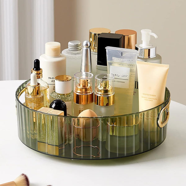 Round Cosmetic & Makeup Organizer Tray with Handles – Elegant Transparent Vanity Storage Tray for Skincare, Perfume & Beauty Essentials