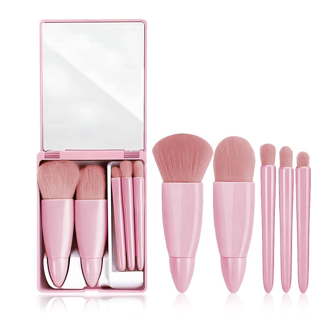 Portable Mini Makeup Brush Set with Mirror | Soft Cosmetic Brushes Kit for Foundation, Blush & Eye Makeup