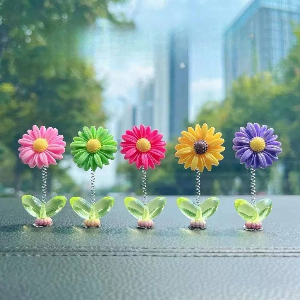 5-Piece Dancing Flower Dashboard Decor – Colourful Spring Bobble Flowers with Green Leaf Base for Car, Desk & Home Decoration
