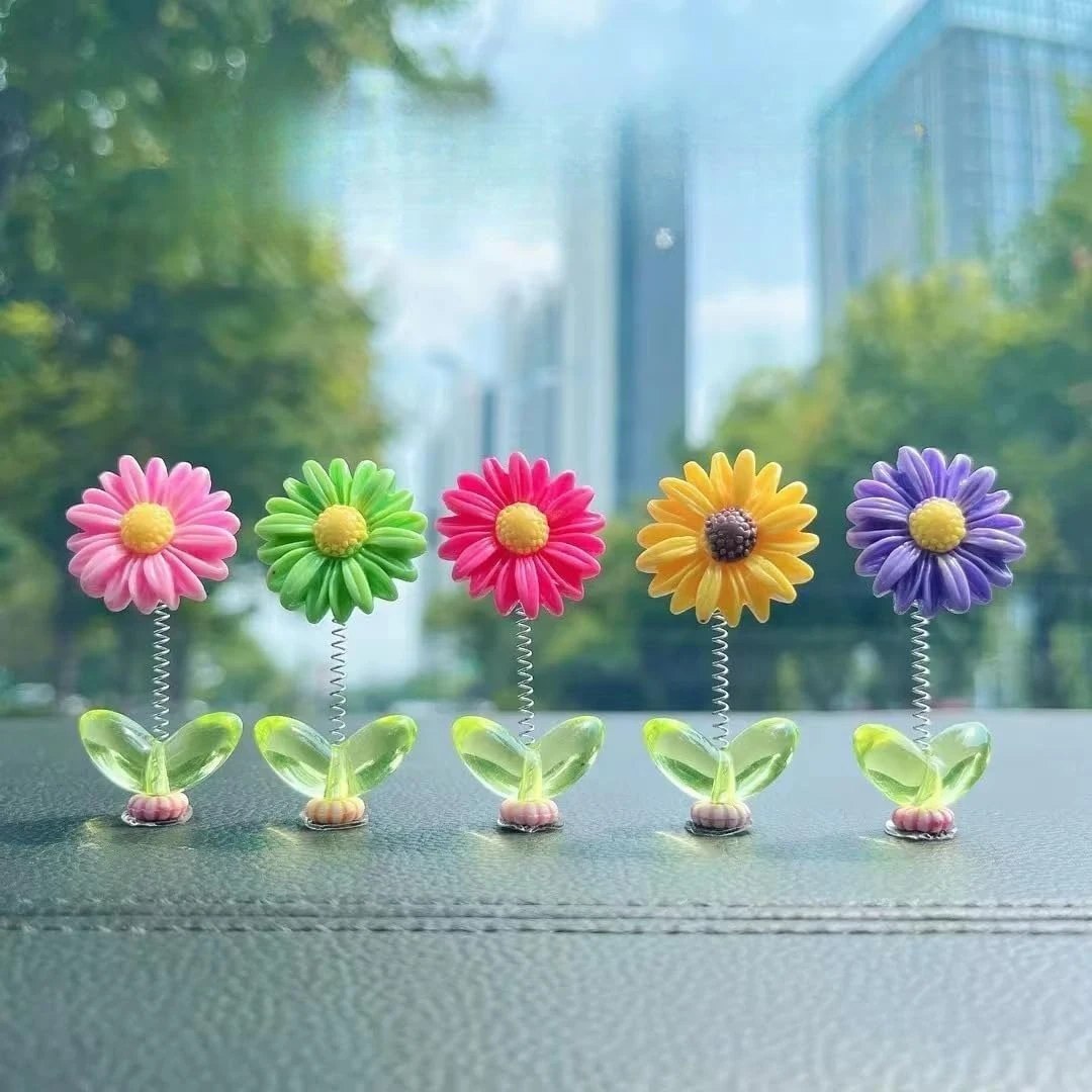 5-Piece Dancing Flower Dashboard Decor – Colourful Spring Bobble Flowers with Green Leaf Base for Car, Desk & Home Decoration