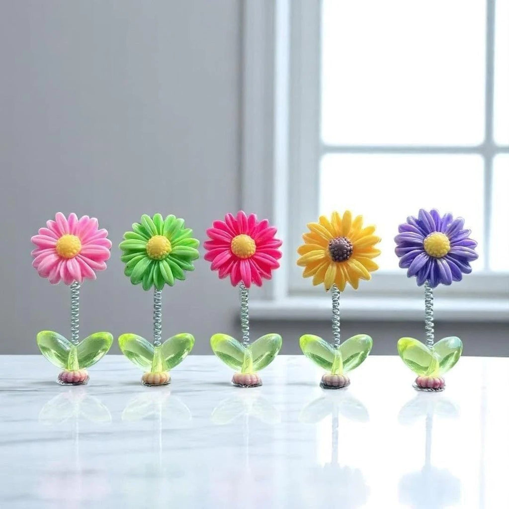 5-Piece Dancing Flower Dashboard Decor – Colourful Spring Bobble Flowers with Green Leaf Base for Car, Desk & Home Decoration