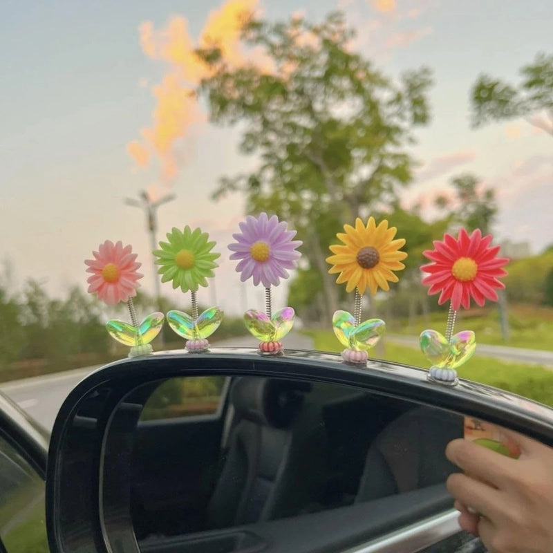 5-Piece Dancing Flower Dashboard Decor – Colourful Spring Bobble Flowers with Green Leaf Base for Car, Desk & Home Decoration