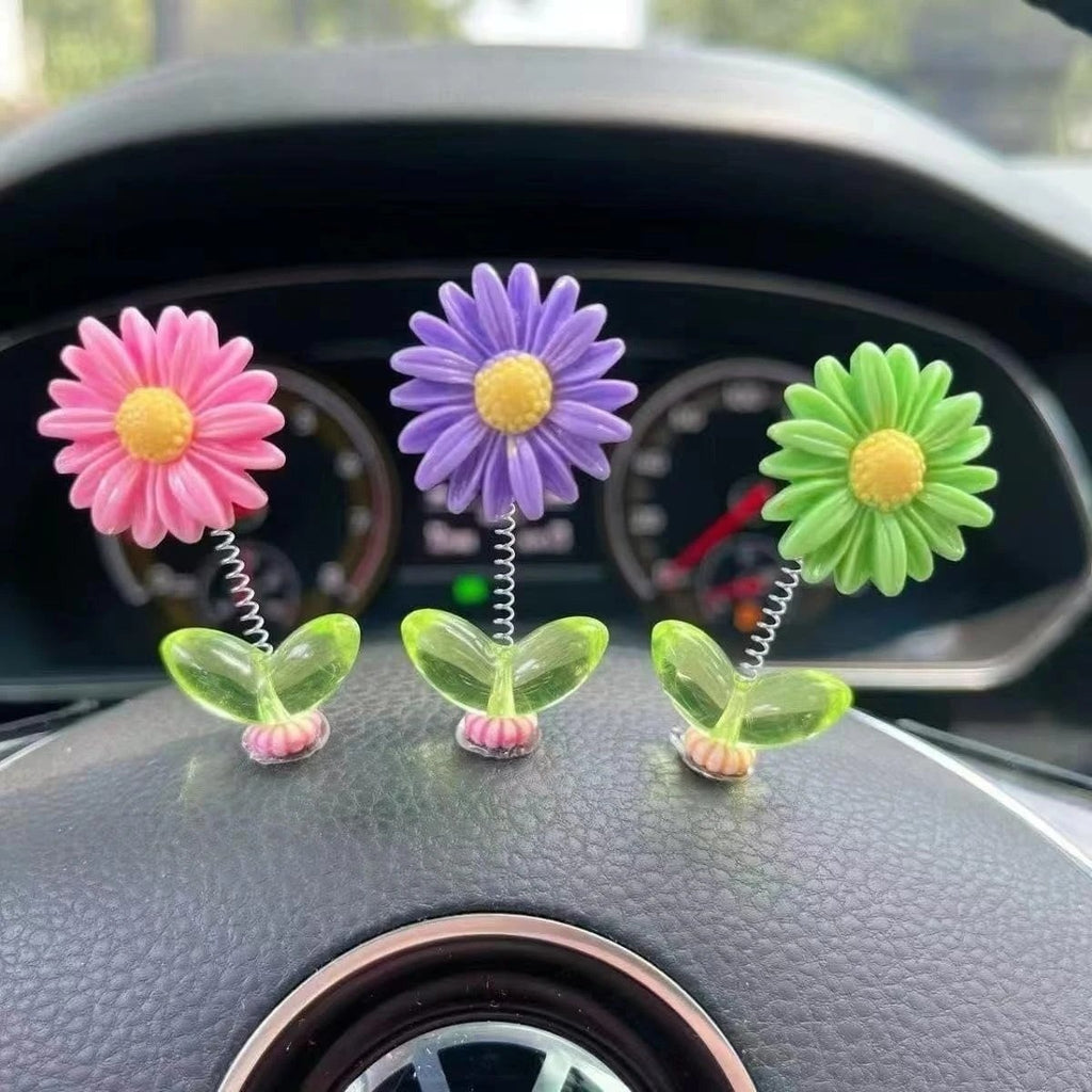 5-Piece Dancing Flower Dashboard Decor – Colourful Spring Bobble Flowers with Green Leaf Base for Car, Desk & Home Decoration