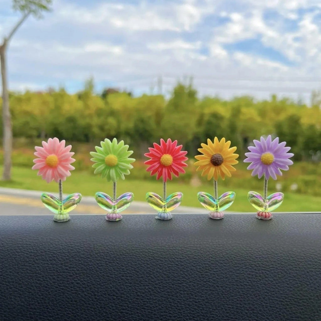 5-Piece Dancing Flower Dashboard Decor – Colourful Spring Bobble Flowers with Green Leaf Base for Car, Desk & Home Decoration