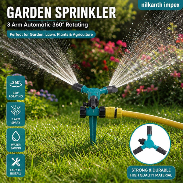 HUPLA 3-Arm Rotating Garden Sprinkler | 360° Lawn Water Sprinkler with Ground Spike for Garden, Plants & Irrigation