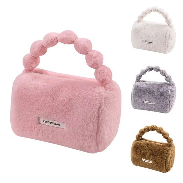 Cute Plush Makeup Pouch for Women & Girls | Soft Fur Cosmetic Storage Handbag with Handle | Portable Beauty Organizer Bag