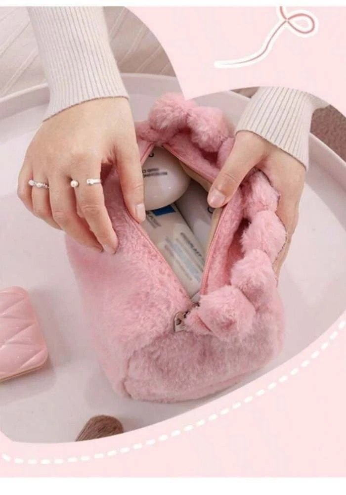 Cute Plush Makeup Pouch for Women & Girls | Soft Fur Cosmetic Storage Handbag with Handle | Portable Beauty Organizer Bag