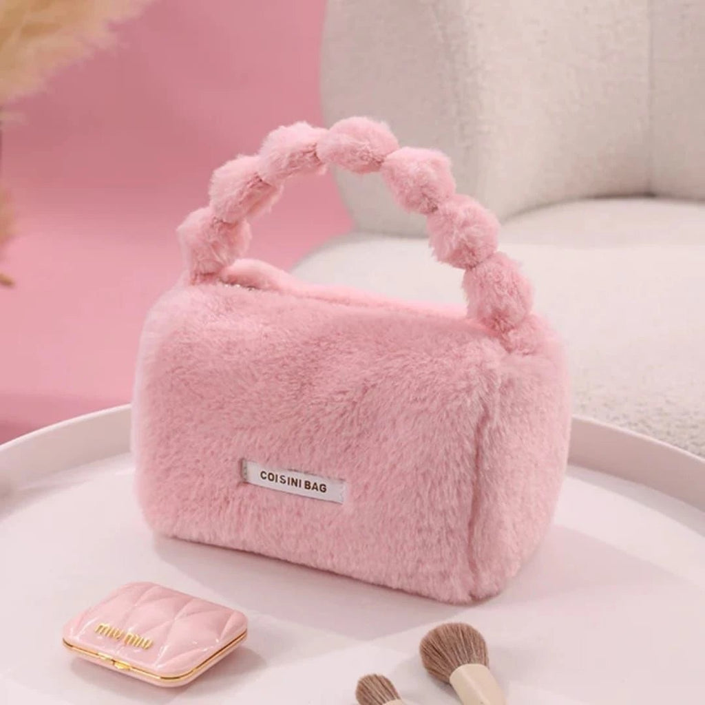 Cute Plush Makeup Pouch for Women & Girls | Soft Fur Cosmetic Storage Handbag with Handle | Portable Beauty Organizer Bag