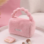 Cute Plush Makeup Pouch for Women & Girls | Soft Fur Cosmetic Storage Handbag with Handle | Portable Beauty Organizer Bag