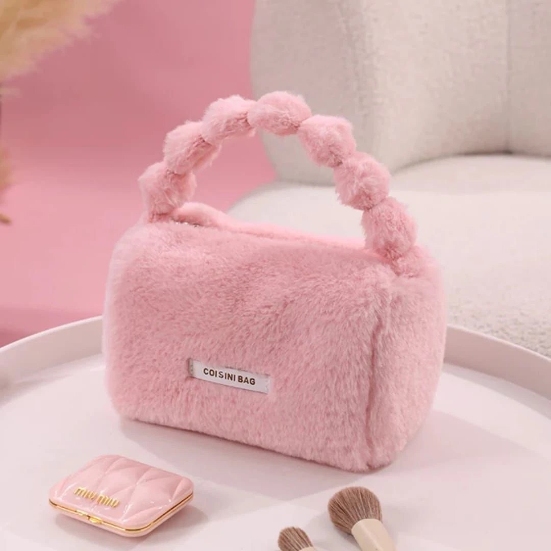 Cute Plush Makeup Pouch for Women & Girls | Soft Fur Cosmetic Storage Handbag with Handle | Portable Beauty Organizer Bag
