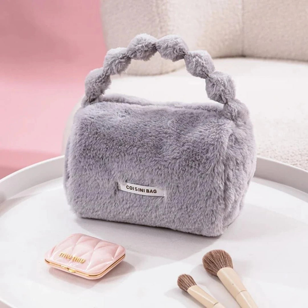 Cute Plush Makeup Pouch for Women & Girls | Soft Fur Cosmetic Storage Handbag with Handle | Portable Beauty Organizer Bag