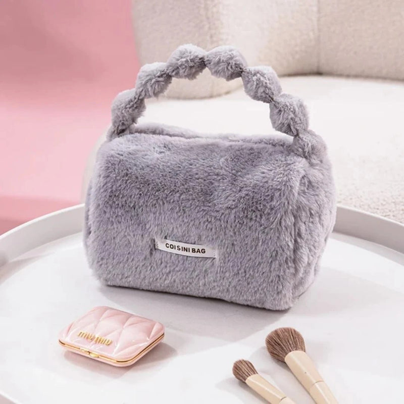 Cute Plush Makeup Pouch for Women & Girls | Soft Fur Cosmetic Storage Handbag with Handle | Portable Beauty Organizer Bag