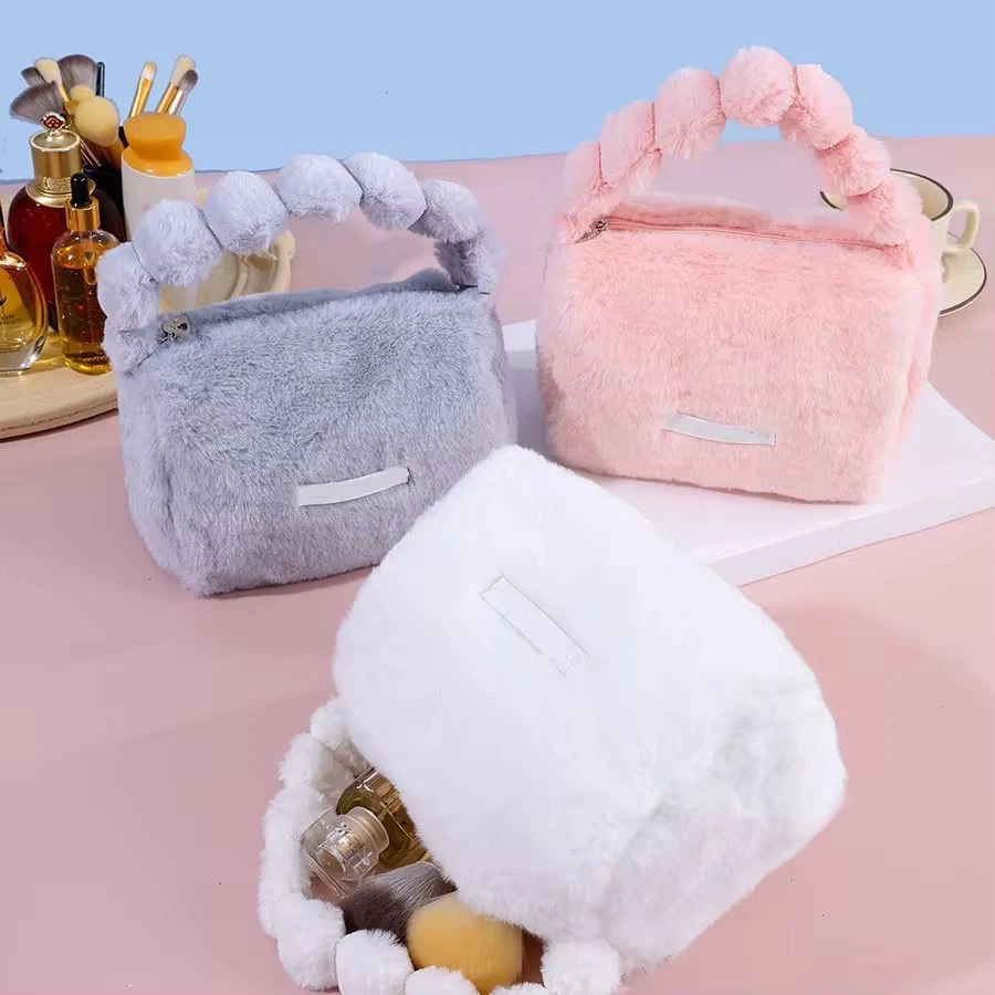 Cute Plush Makeup Pouch for Women & Girls | Soft Fur Cosmetic Storage Handbag with Handle | Portable Beauty Organizer Bag