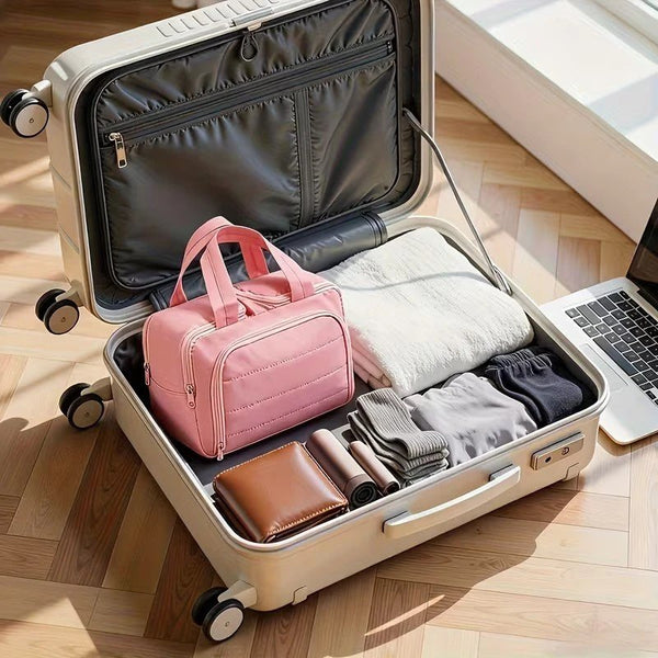 Transparent Travel Makeup Organizer Bag for Women | Large Capacity Cosmetic Storage Handbag with Brush Holder & Multi Compartments