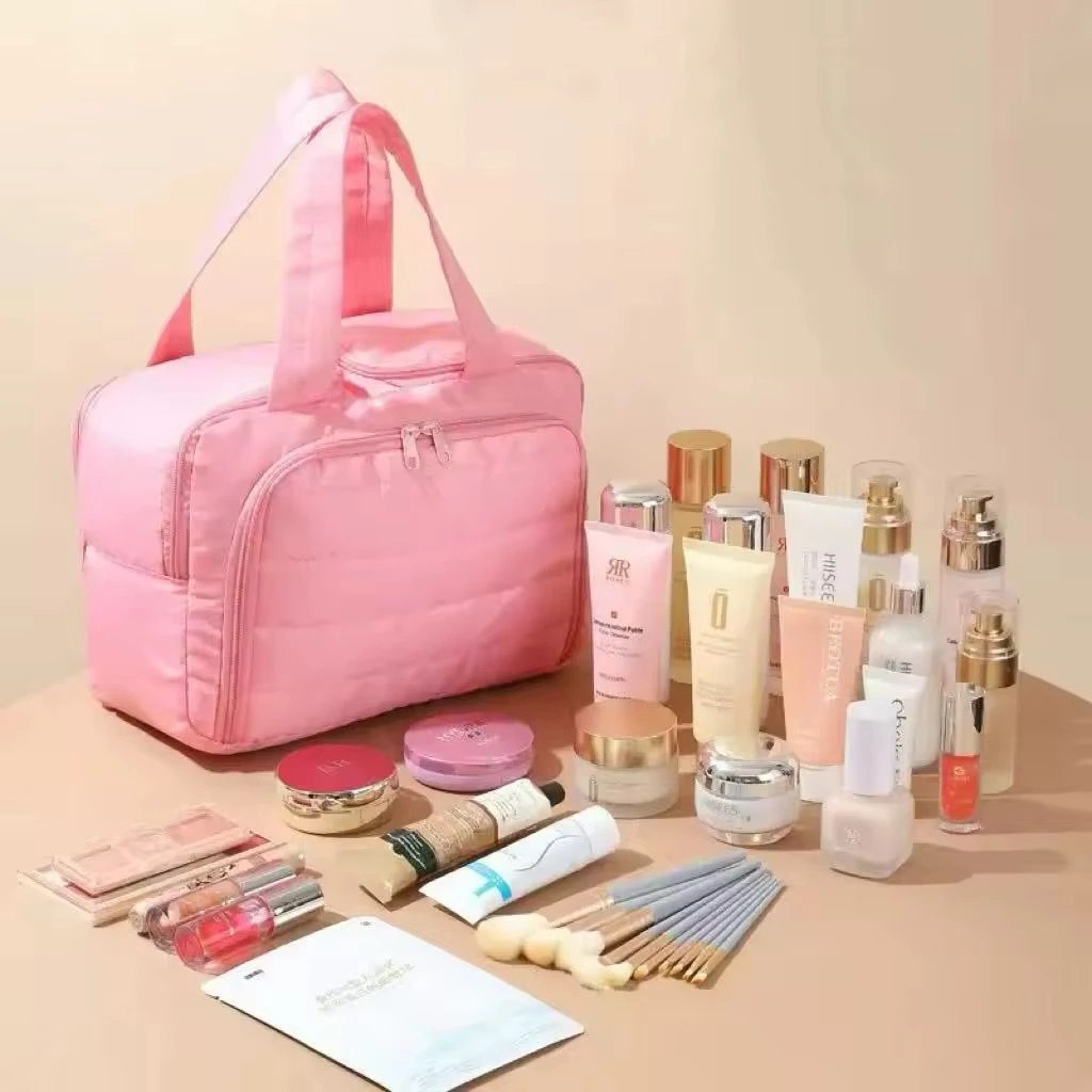 Transparent Travel Makeup Organizer Bag for Women | Large Capacity Cosmetic Storage Handbag with Brush Holder & Multi Compartments